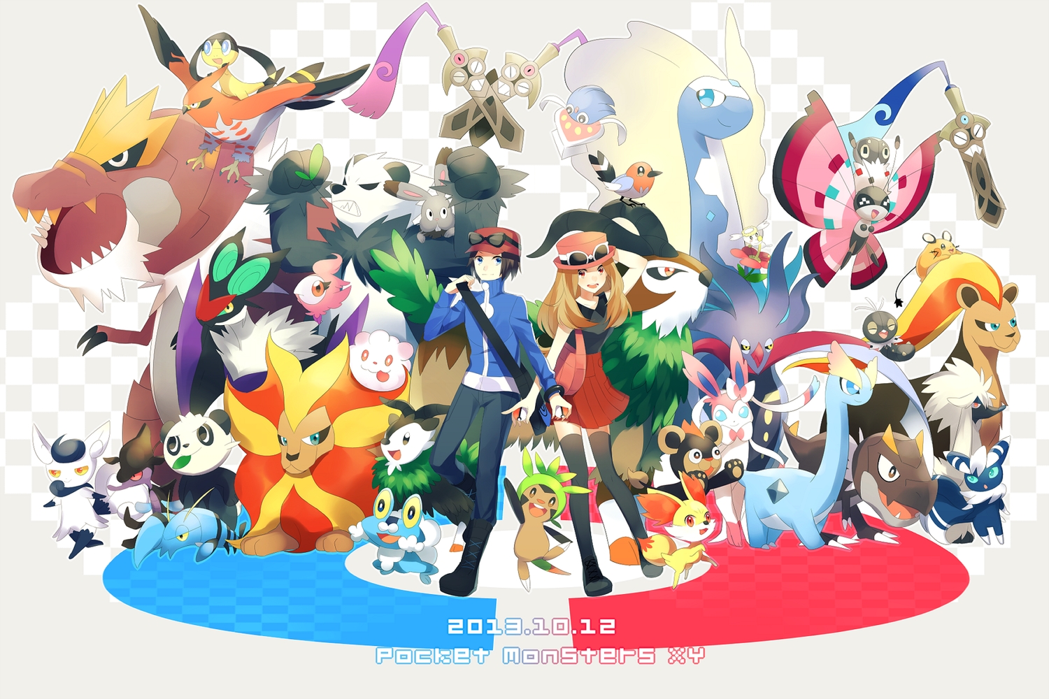 achiki, calme_(pokemon), glasses, hat, male, pokemon, serena_(pokemon), skirt, thighhighs