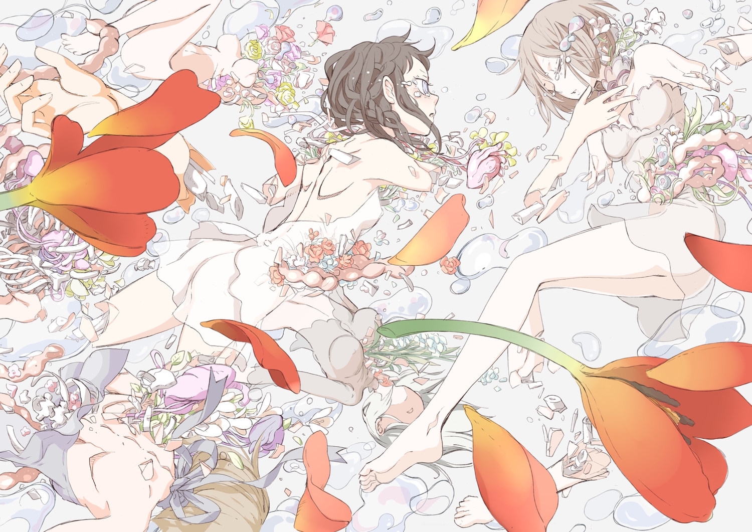 arakawa_(aintnoroom), barefoot, black_hair, bones, brown_hair, dress, flowers, gray_hair, original, petals, ribbons, short_hair, tears