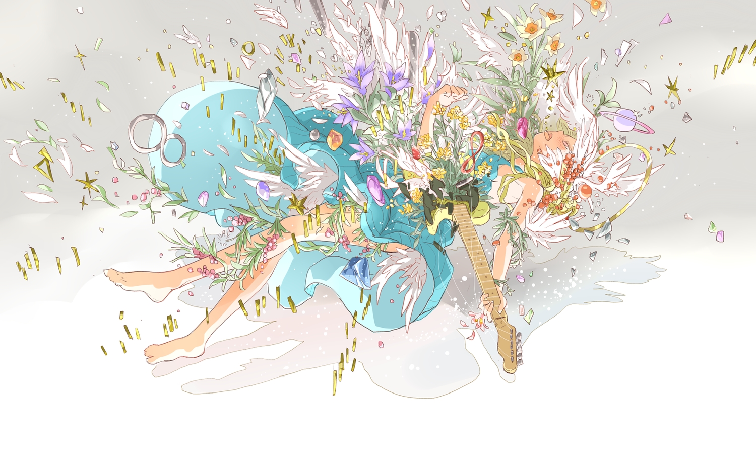 arakawa_(aintnoroom), barefoot, blush, dress, flowers, guitar, halo, instrument