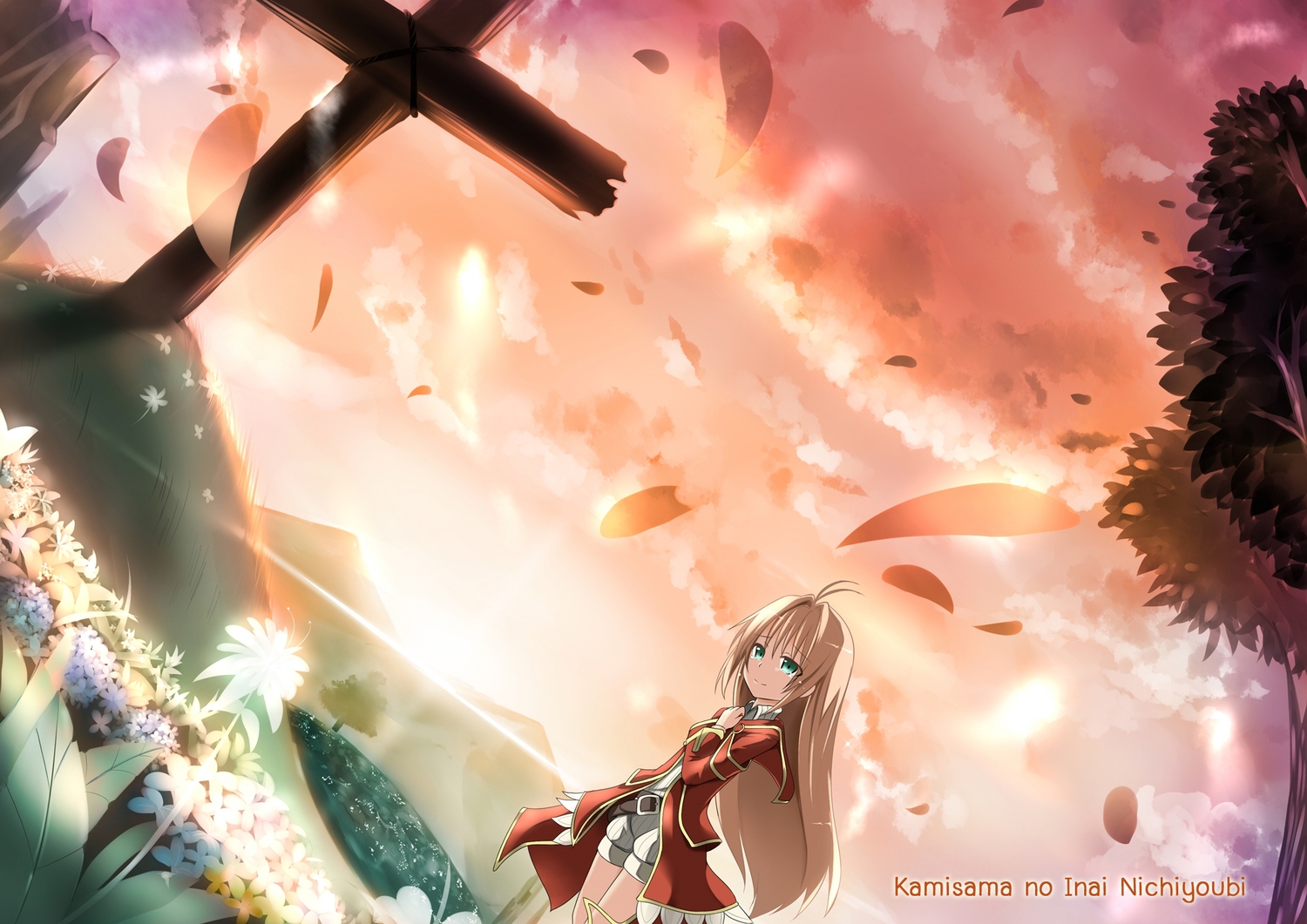 ai_astin, blonde_hair, catstudioinc_(punepuni), clouds, cross, flowers, green_eyes, kamisama_no_inai_nichiyoubi, leaves, long_hair, shorts, sky, sunset, tears, tree