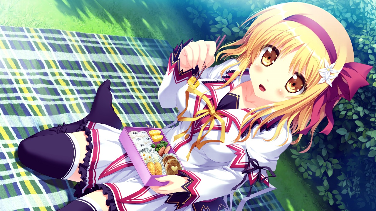 blonde_hair, blush, brown_eyes, eufonie, food, game_cg, grass, headband, koiken_otome, ribbons, school_uniform, short_hair, someya_yuzu, tateha, thighhighs