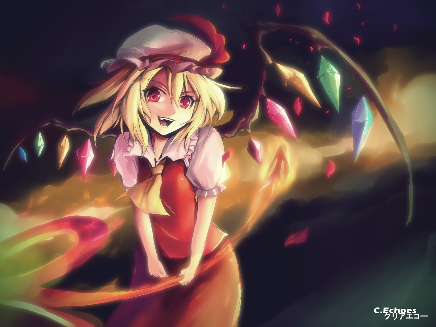 blonde_hair, clear_echoes, fang, flandre_scarlet, hat, red_eyes, short_hair, signed, touhou, vampire, weapon, wings