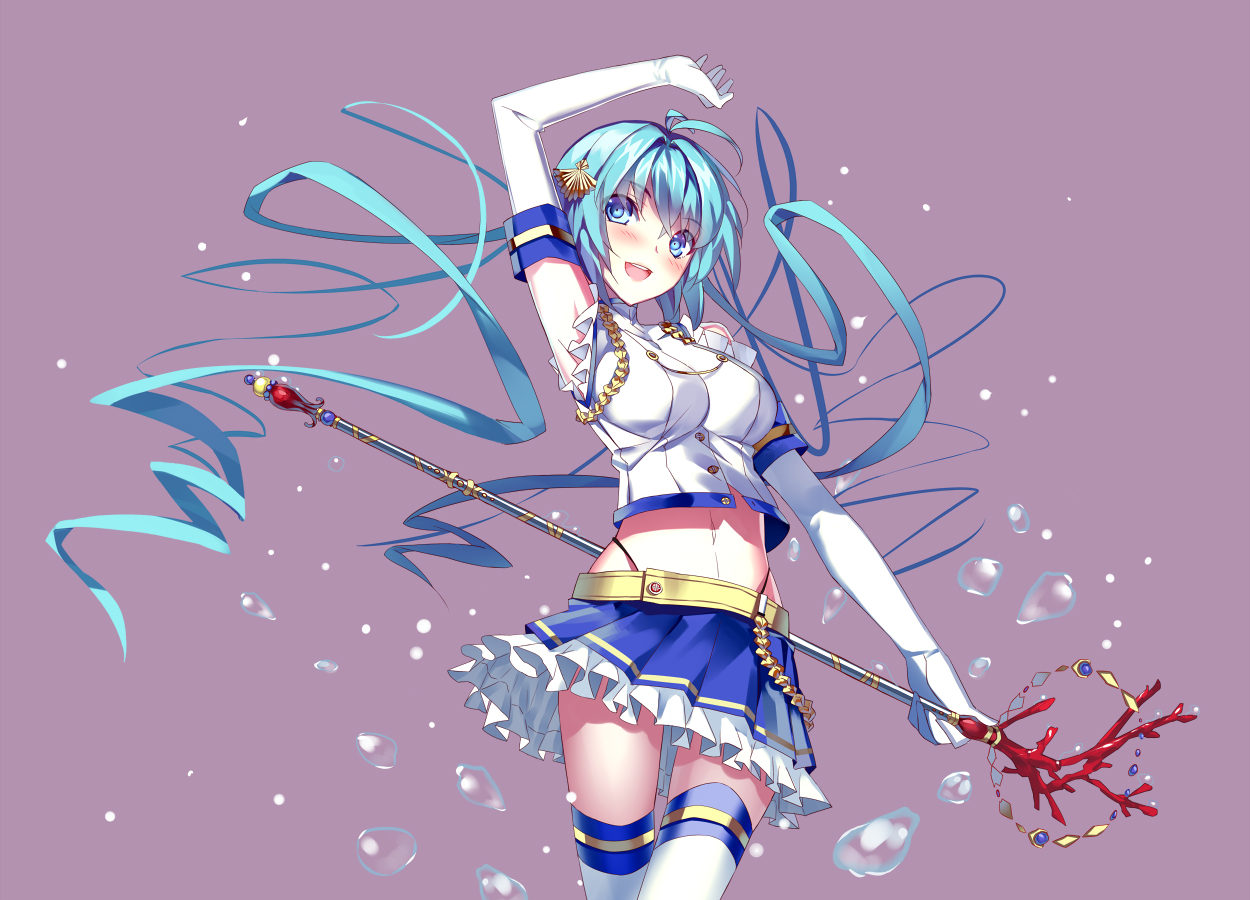 aqua_hair, blue_eyes, blush, elbow_gloves, gloves, long_hair, miyazaki_byou, navel, original, skirt, staff, thighhighs, zettai_ryouiki