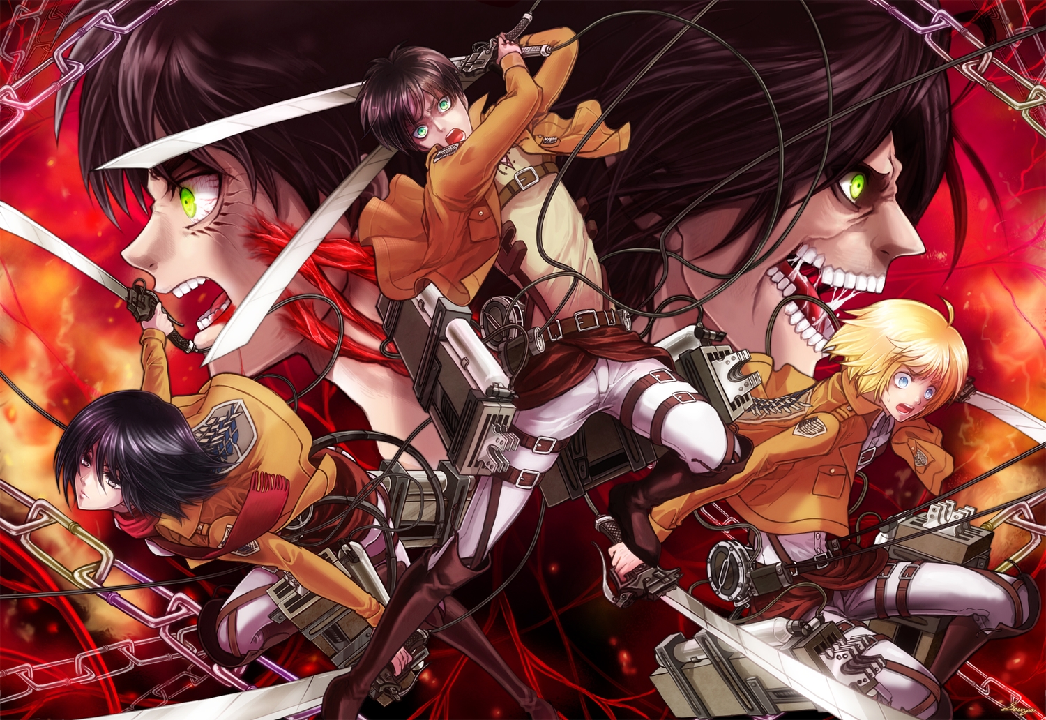 armin_arlert, black_eyes, black_hair, blonde_hair, blood, blue_eyes, boots, brown_hair