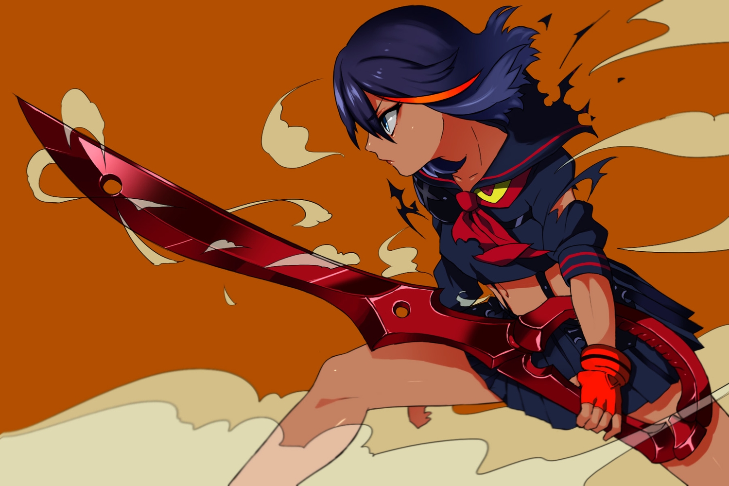 blue_eyes, blue_hair, gloves, hagehiro, jpeg_artifacts, kill_la_kill, matoi_ryuuko, navel, school_uniform, short_hair, sword, torn_clothes, weapon