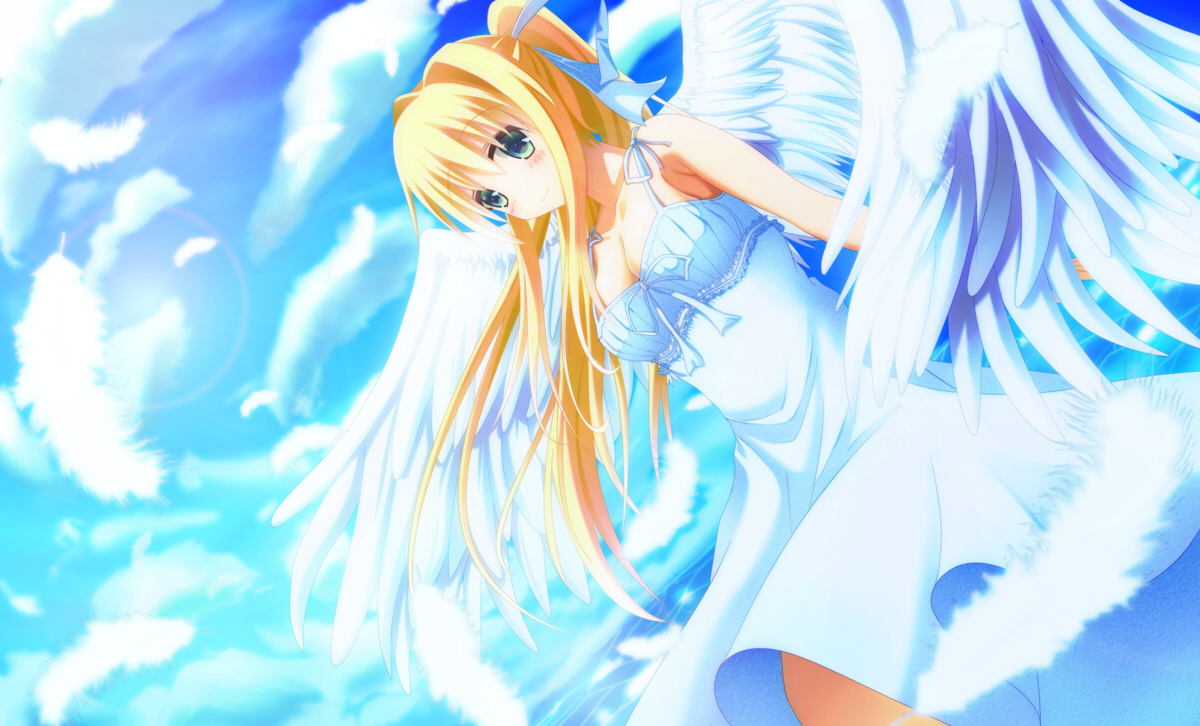 air, aqua_eyes, blonde_hair, breasts, cleavage, clouds, dress, feathers