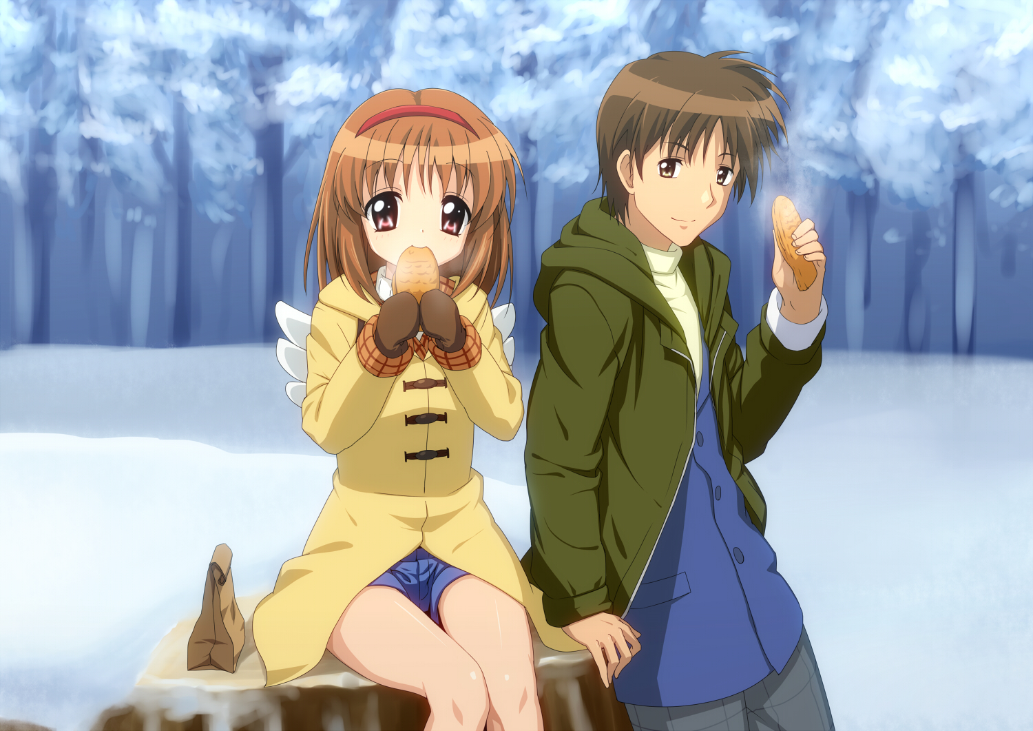 aizawa_yuuichi, brown_hair, food, gloves, headband, iyakun, kanon, pink_eyes, short_hair, shorts, taiyaki, tsukimiya_ayu, wings, winter, yellow_eyes