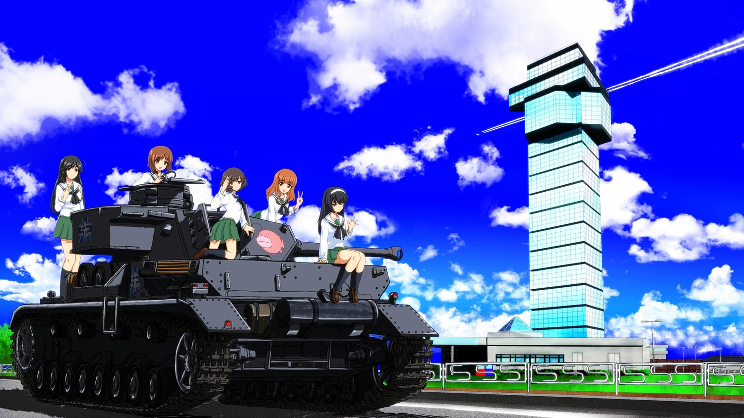 akiyama_yukari, black_hair, brown_eyes, brown_hair, building, clouds, combat_vehicle, girls_und_panzer, gray_eyes, group, headband, isuzu_hana, nishizumi_miho, orange_hair, reizei_mako, school_uniform, skirt, sky, suzukishi, takebe_saori, weapon