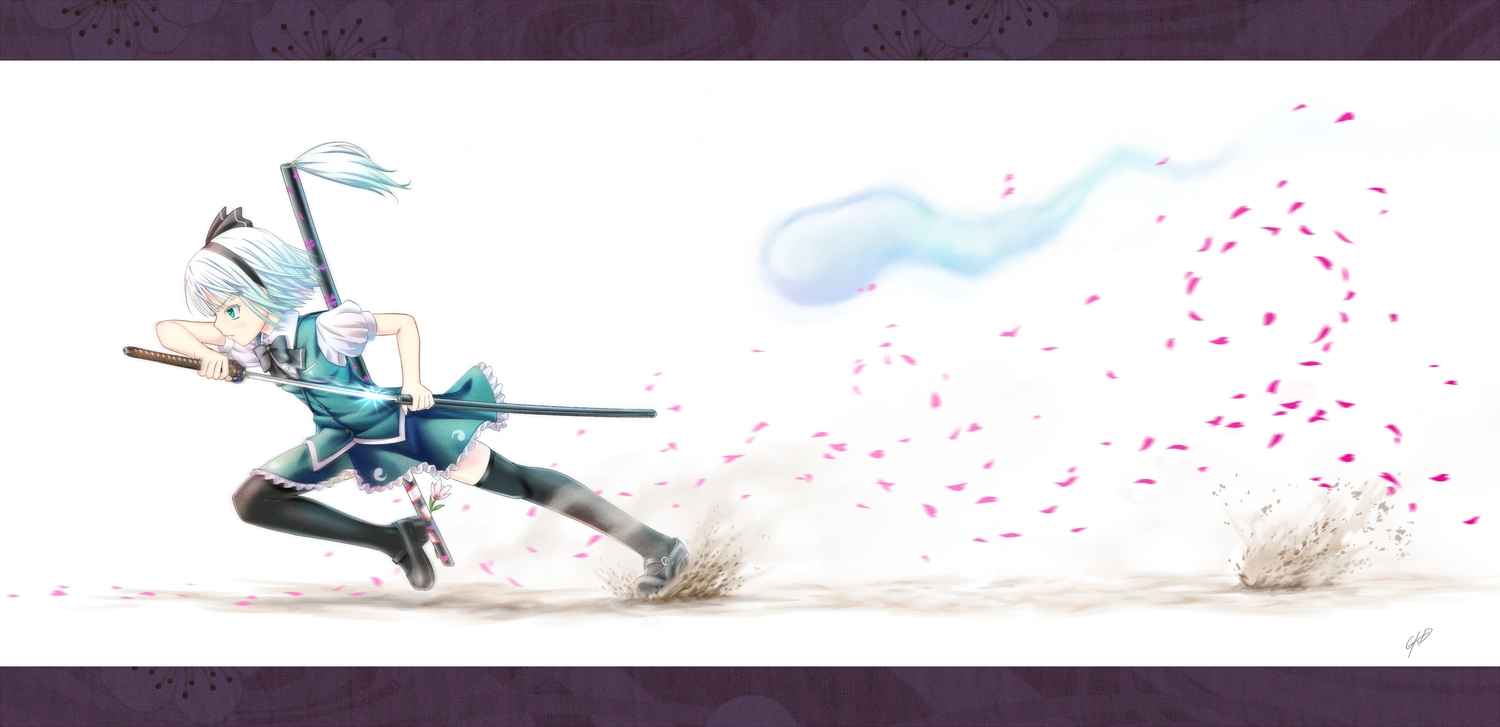 bow, gotou_hisashi, green_eyes, headband, katana, konpaku_youmu, myon, petals