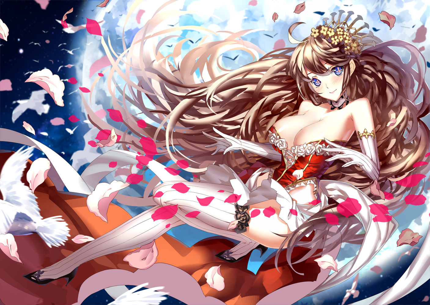 animal, bird, blue_eyes, blush, breasts, brown_hair, cleavage, long_hair