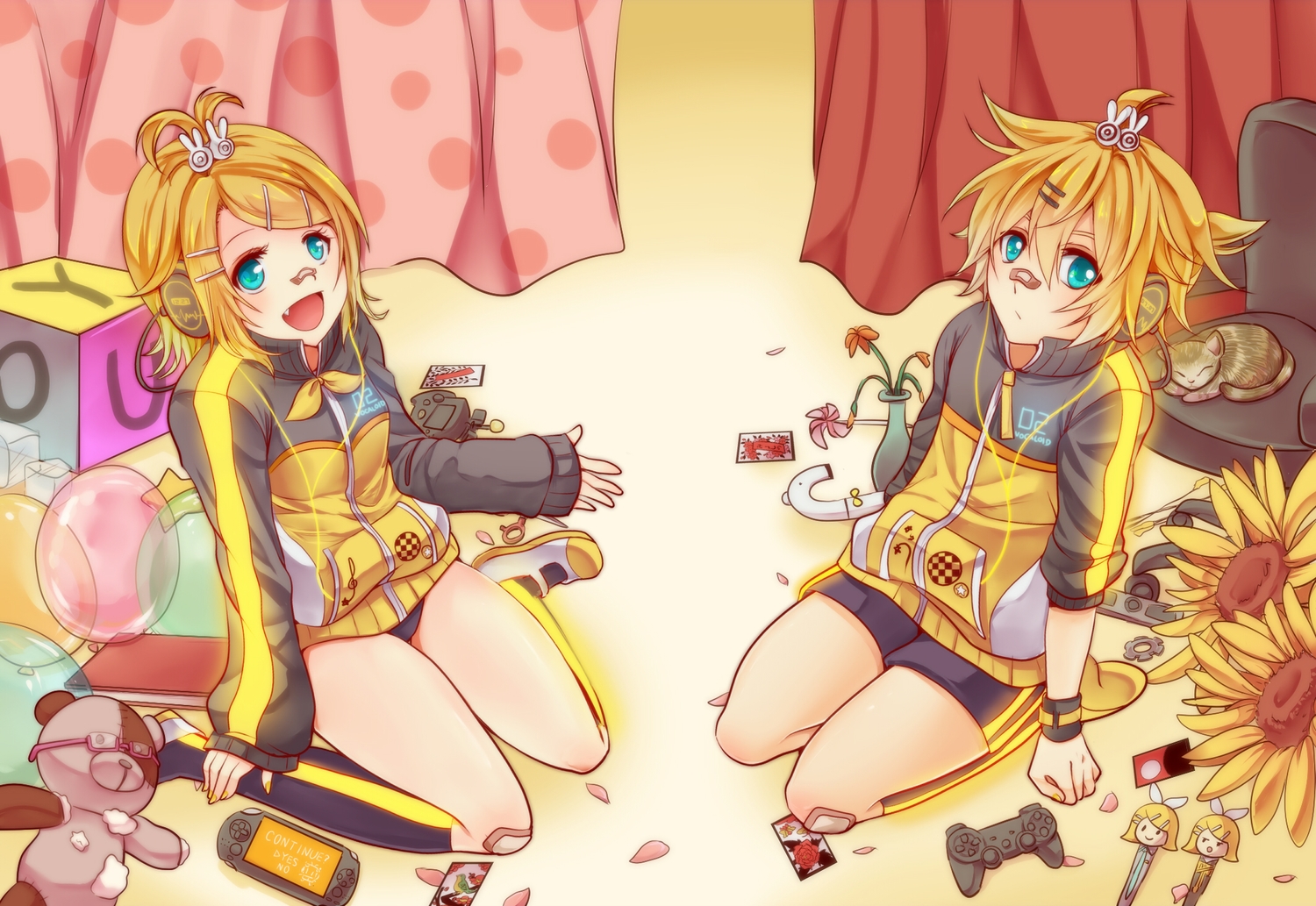 animal, aqua_eyes, bandaid, blonde_hair, book, cat, fang, flowers
