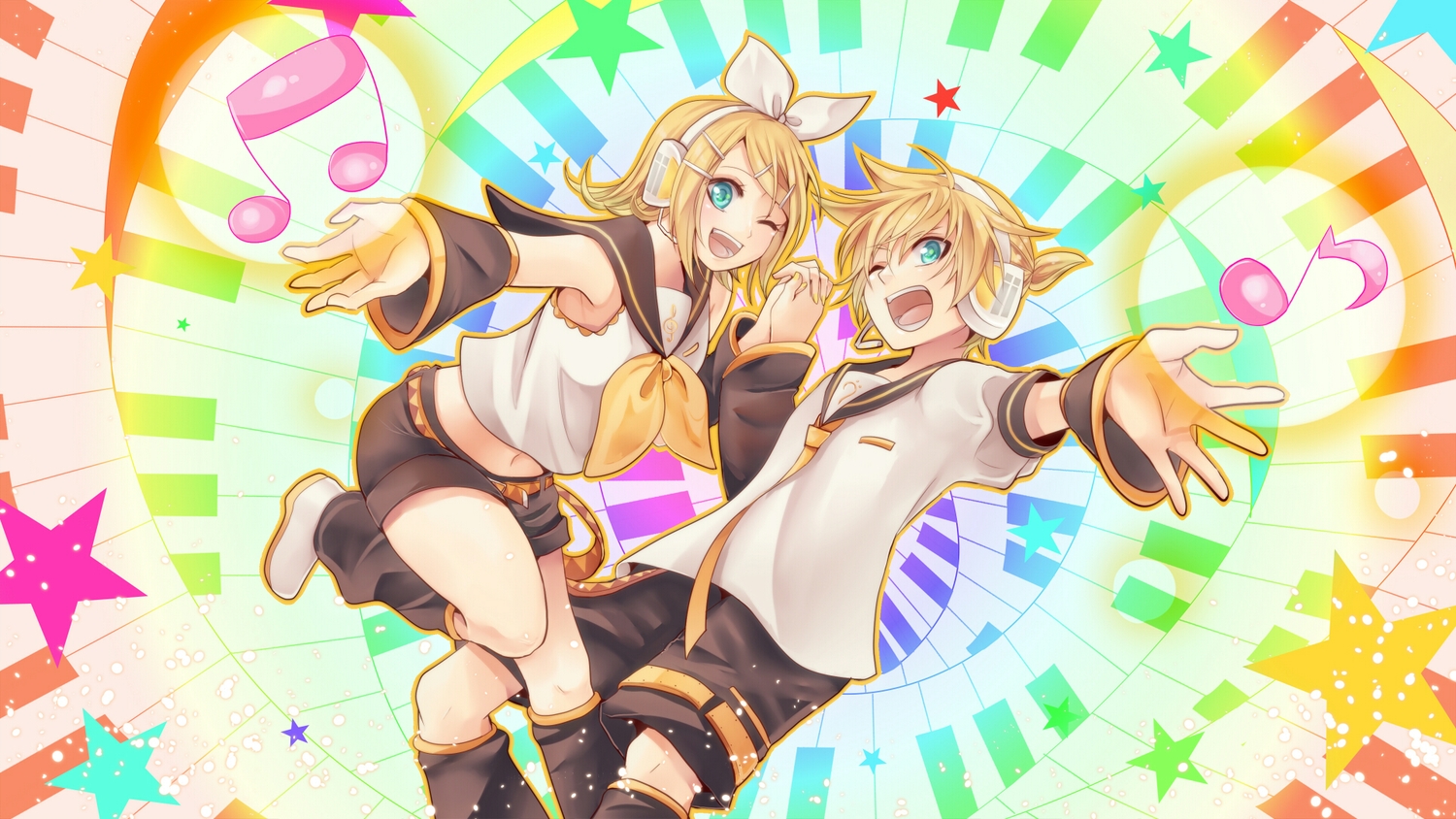aqua_eyes, blonde_hair, headphones, kagamine_len, kagamine_rin, male, music, setora, short_hair, shorts, vocaloid, wink