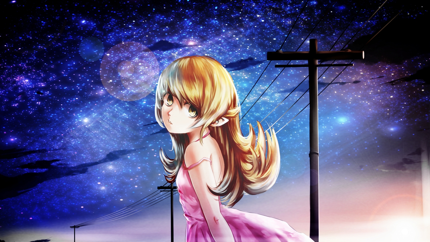 blonde_hair, lawliert, loli, long_hair, monogatari_(series), oshino_shinobu, pointed_ears, sky, stars, vampire, yellow_eyes