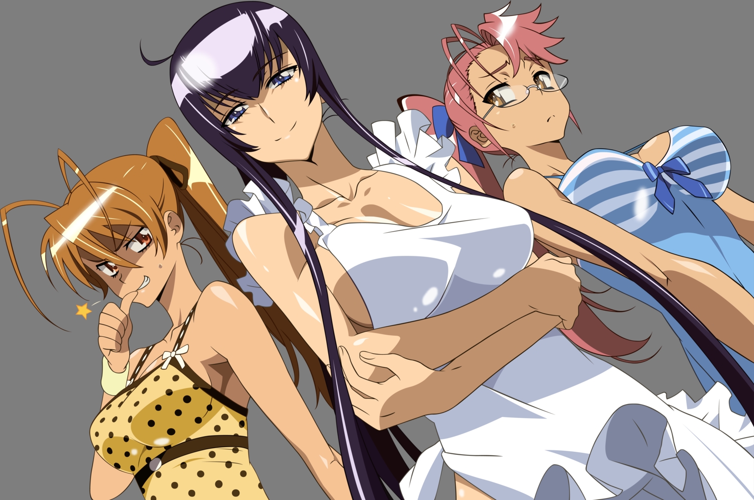 apron, blue_eyes, breasts, brown_eyes, brown_hair, busujima_saeko, glasses, highschool_of_the_dead