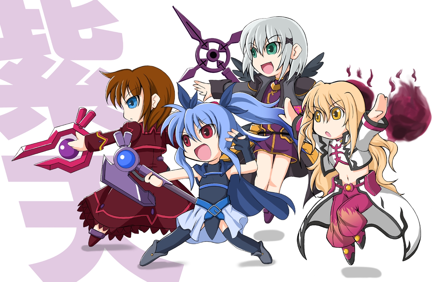 blonde_hair, blue_eyes, blue_hair, brown_hair, cape, chibi, dearche_kings_claudia, dress