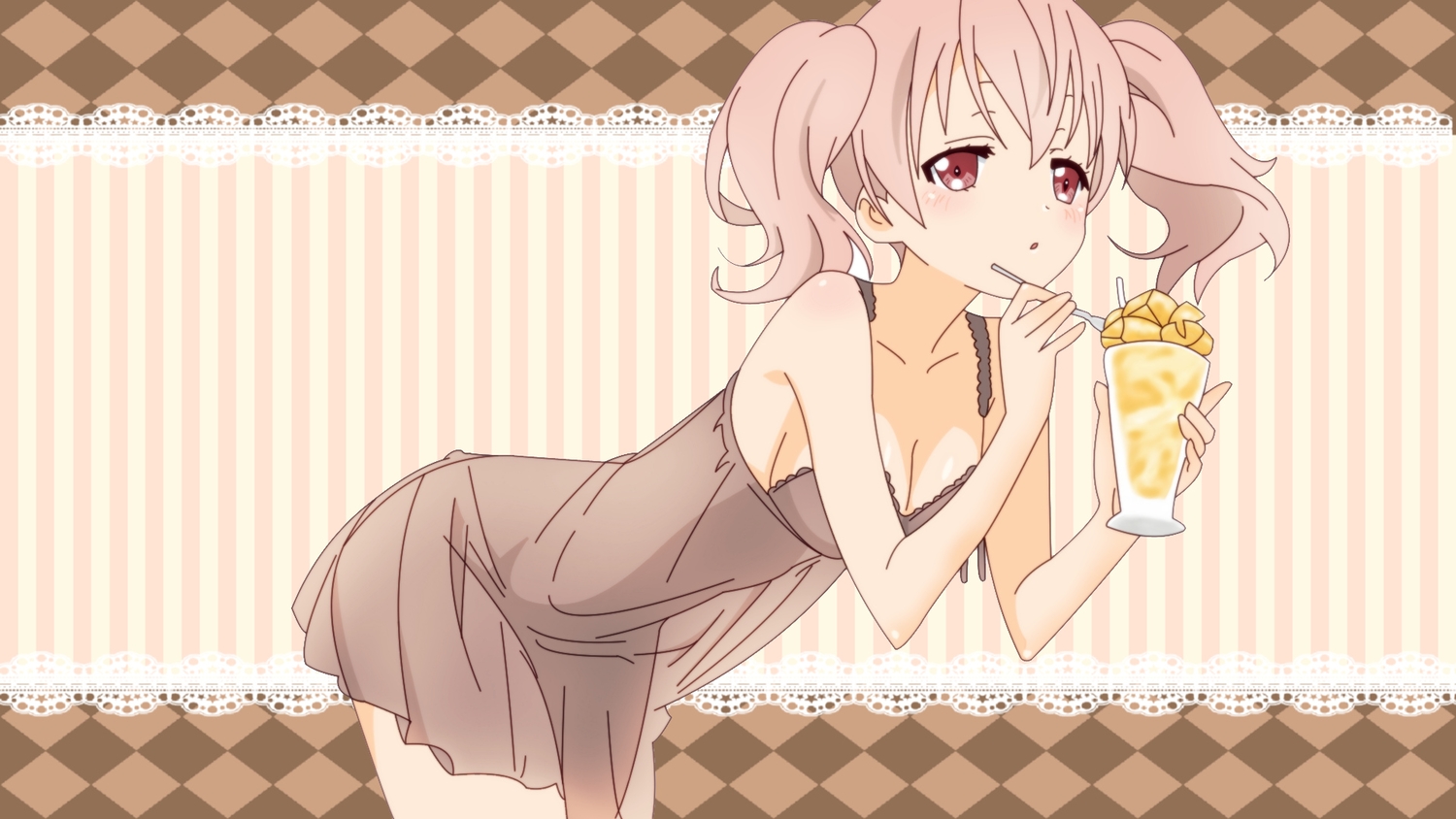 blush, breasts, cleavage, dress, drink, food, inu_x_boku_ss, pink_eyes