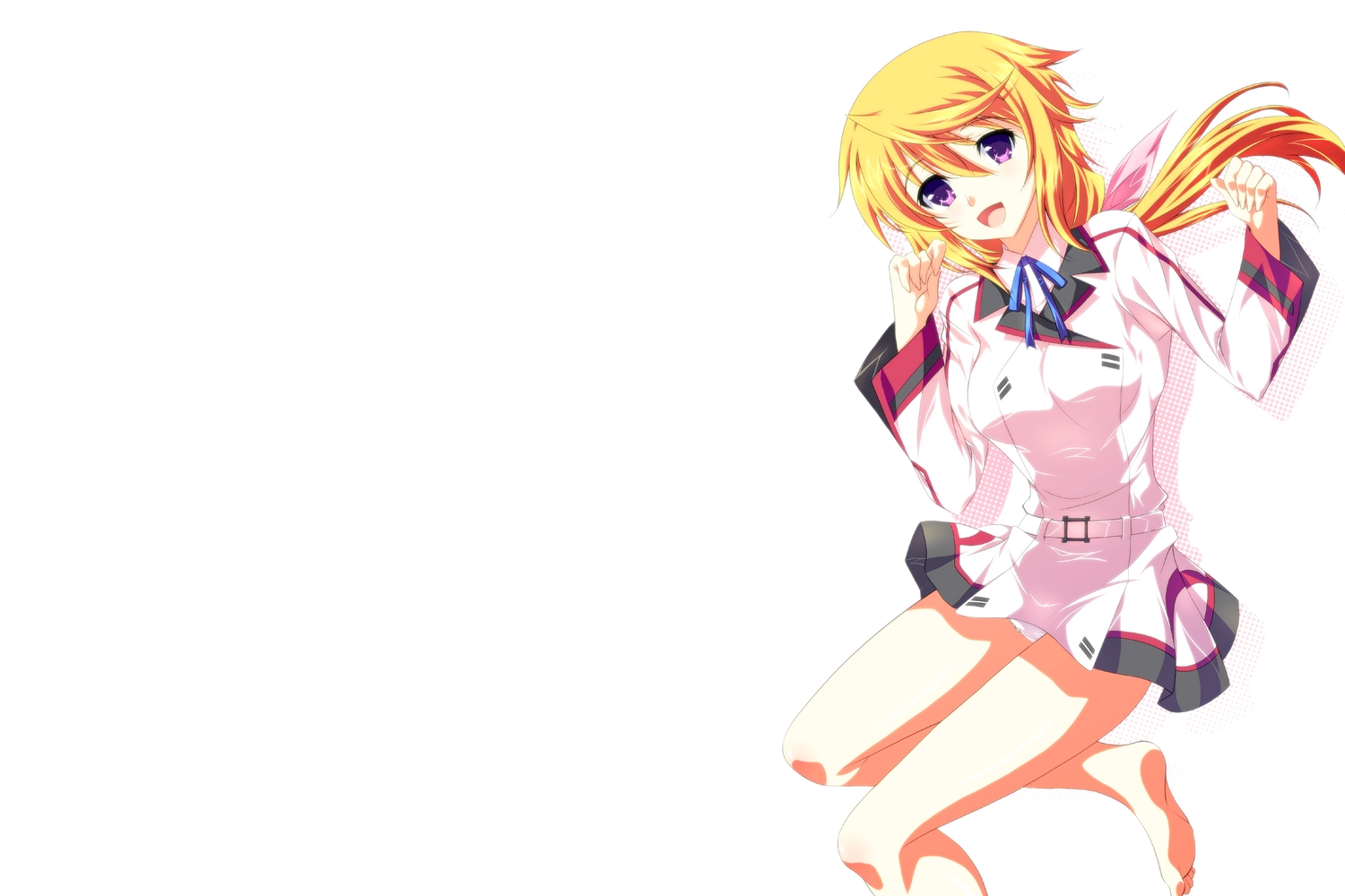 barefoot, blonde_hair, charlotte_dunois, infinite_stratos, ka2, long_hair, panties, ponytail, purple_eyes, school_uniform, skirt, underwear, white