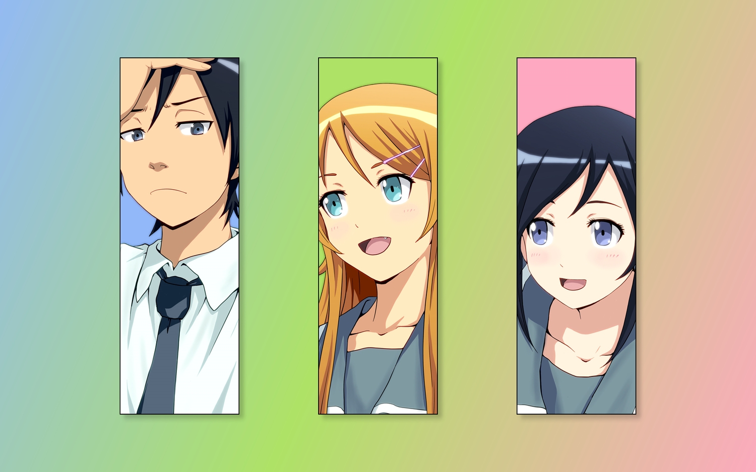 aqua_eyes, aragaki_ayase, black_hair, blue_eyes, blush, fang, gray_eyes, kousaka_kirino