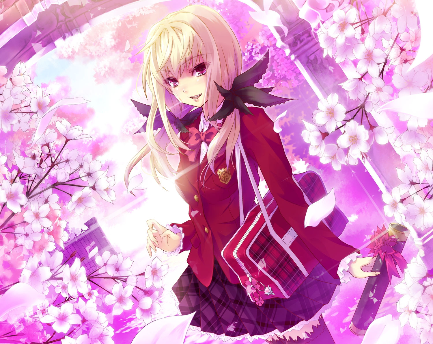 blonde_hair, bow, cherry_blossoms, flowers, long_hair, original, petals, purple_eyes