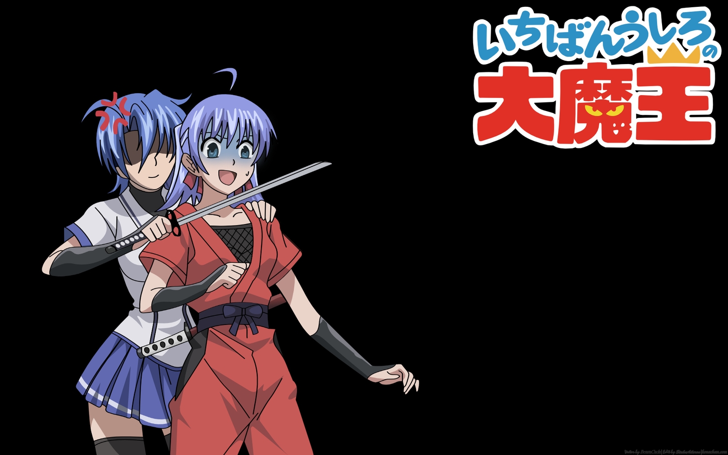 black, blue_eyes, blue_hair, elbow_gloves, gloves, hattori_junko, hattori_yuuko, ichiban_ushiro_no_daimaou, katana, logo, ninja, school_uniform, short_hair, skirt, sword, thighhighs, vector, watermark, weapon