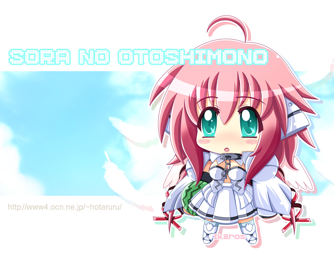 aqua_eyes, breasts, chibi, cleavage, collar, food, fruit, hotaruru, ikaros, long_hair, red_hair, skirt, sora_no_otoshimono, watermark, watermelon, wings