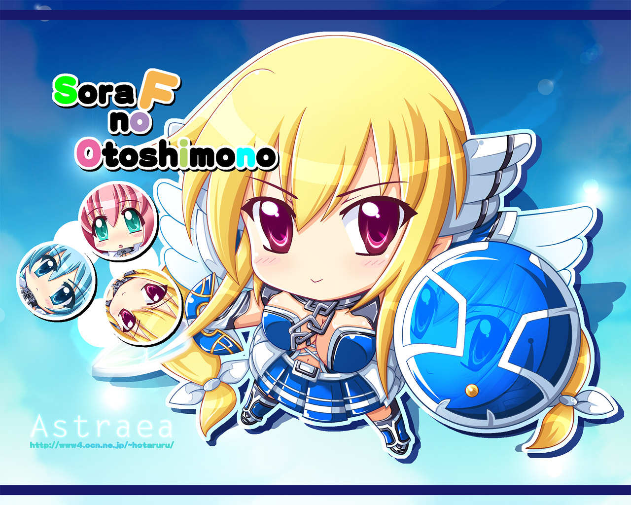 astraea, blonde_hair, blue_eyes, blue_hair, breasts, chibi, cleavage, collar, green_eyes, hotaruru, ikaros, nymph, pink_hair, red_eyes, skirt, sora_no_otoshimono, sword, watermark, weapon, wings