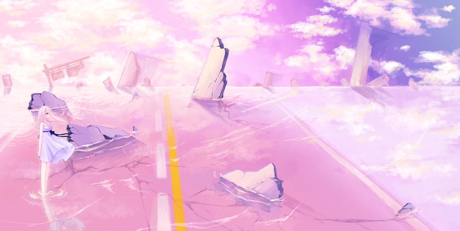 dress, long_hair, original, pink, pink_eyes, pink_hair, ribbons, ruins, water, zombie_neko