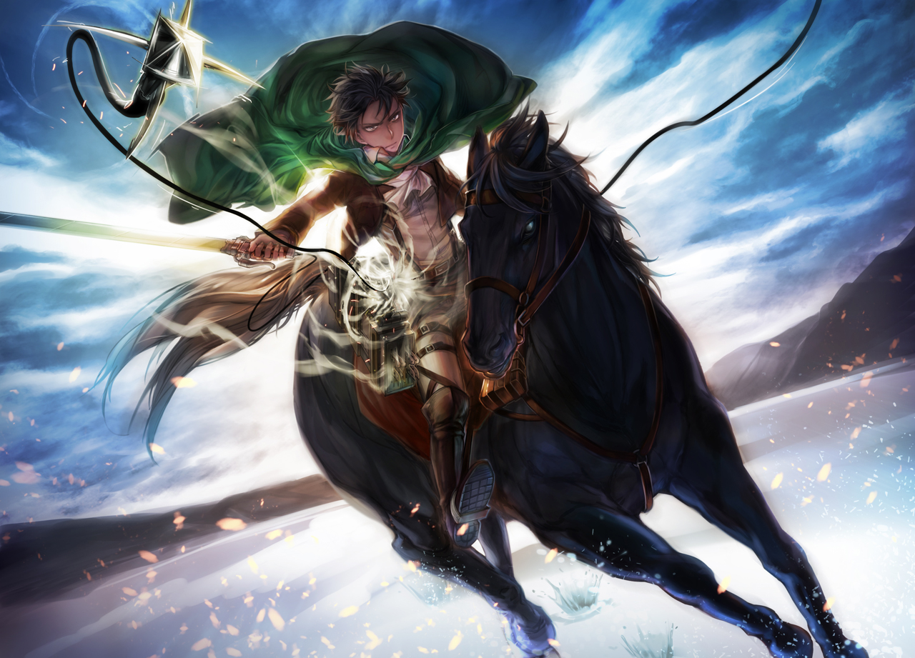 all_male, animal, black_hair, boots, cape, dgray, horse, levi_ackerman, male, shingeki_no_kyojin, short_hair, sword, uniform, weapon
