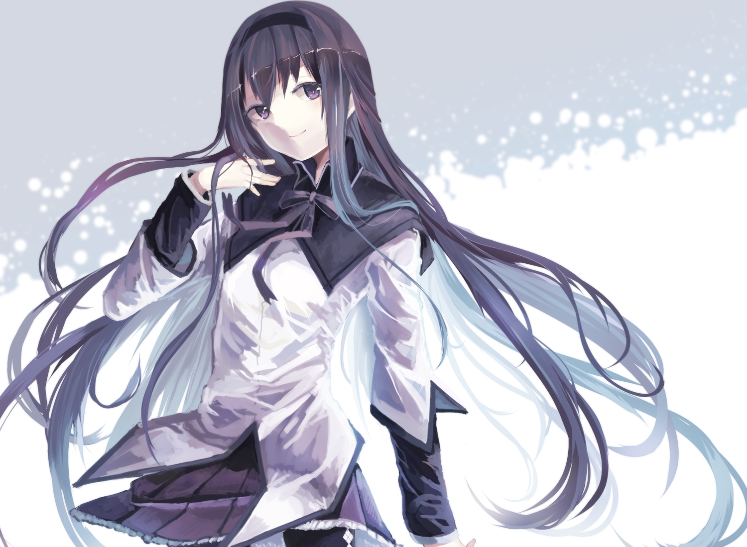akemi_homura, black_hair, headband, long_hair, mahou_shoujo_madoka_magica, purple_eyes, school_uniform, shiino_sera