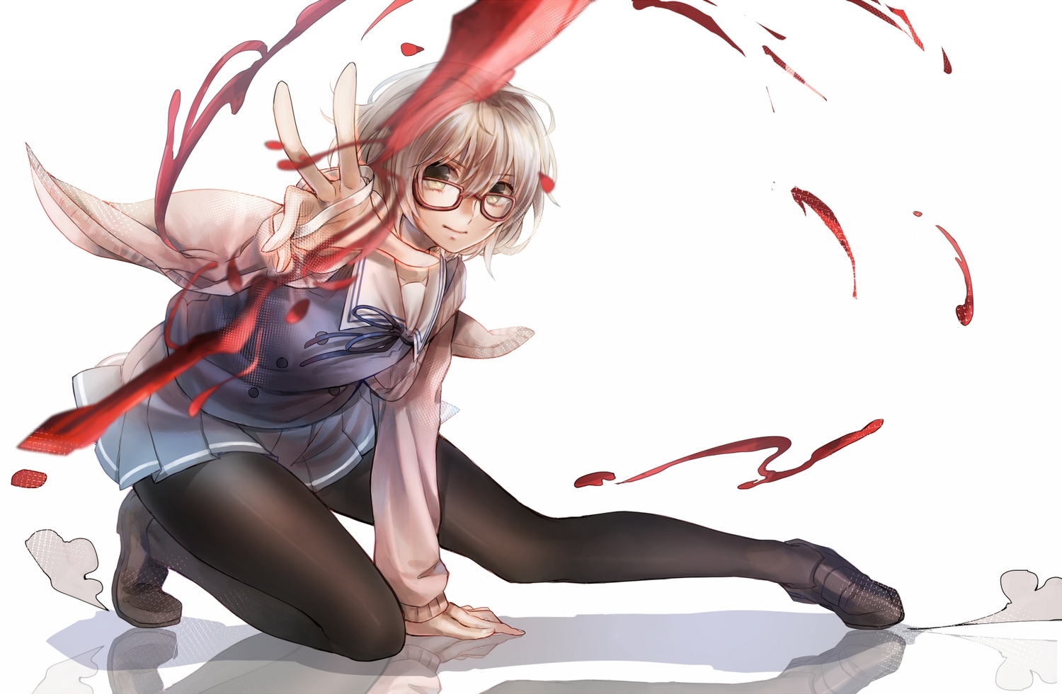 allenkung1, blood, brown_eyes, brown_hair, glasses, kuriyama_mirai, kyoukai_no_kanata, pantyhose, school_uniform, short_hair, skirt