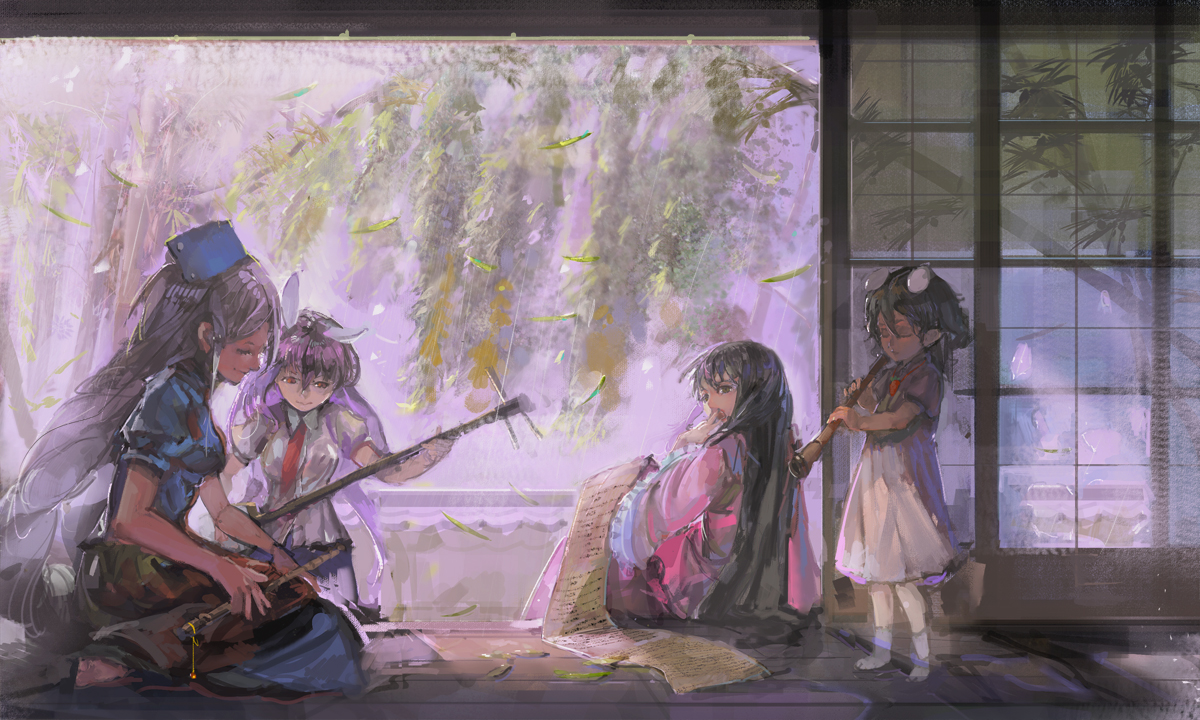 animal_ears, black_hair, bunny_ears, bunnygirl, dress, gray_hair, group, hat