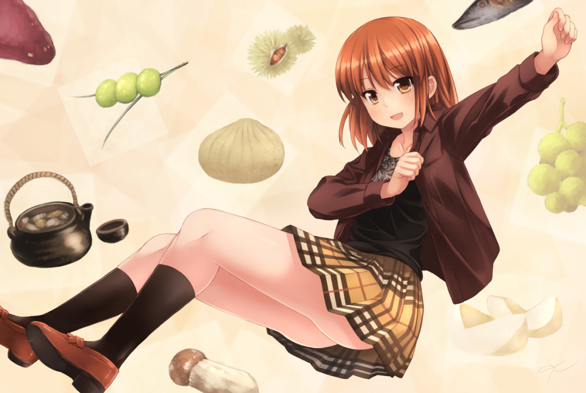 akatsuki_miho, akemiho_tabi_nikki, brown_eyes, food, kneehighs, kouno_hikaru, orange_hair, short_hair