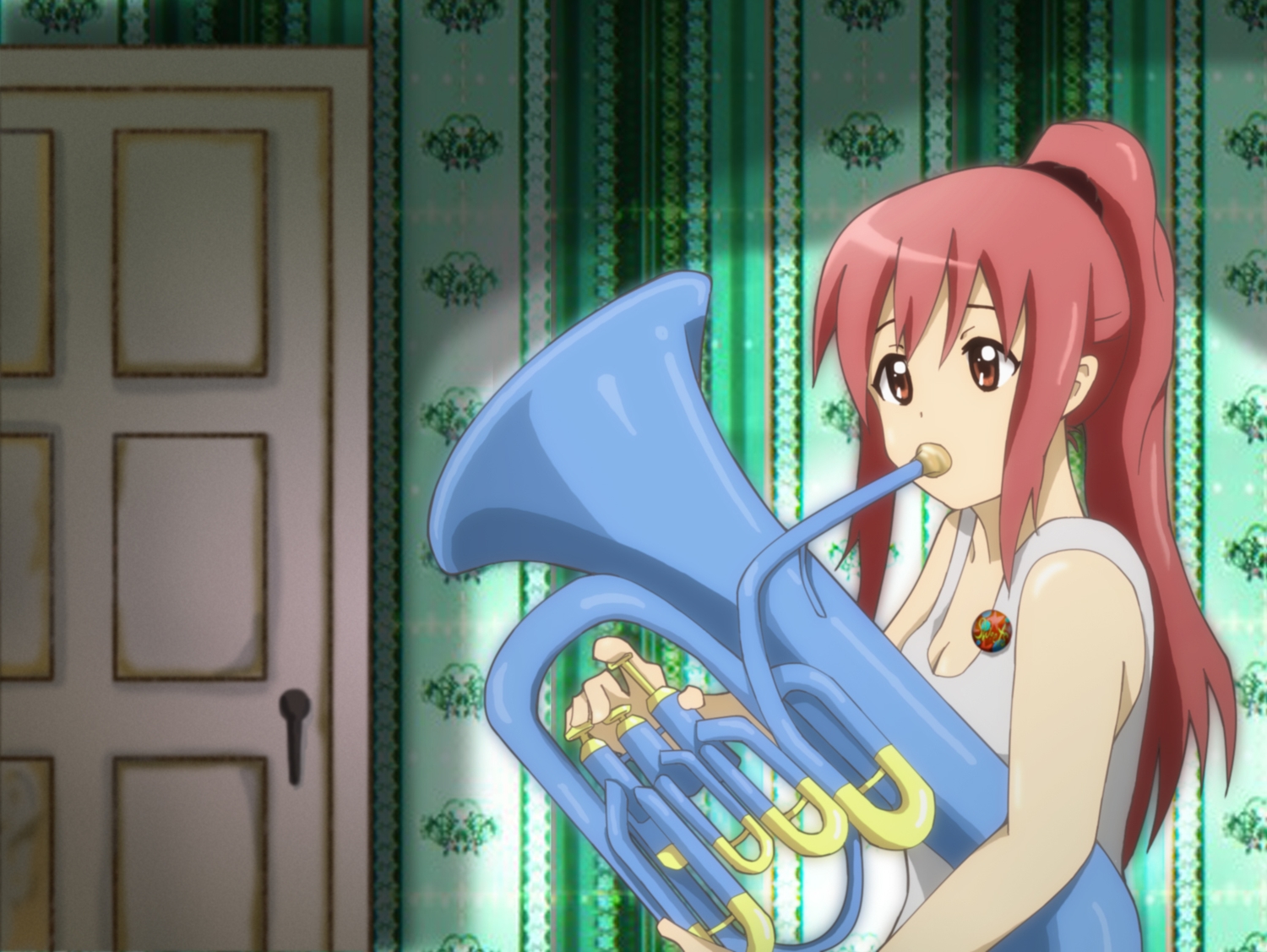 amaru_keiichi, breasts, brown_eyes, cleavage, instrument, k-on!, long_hair, miura_akane, pink_hair, ponytail