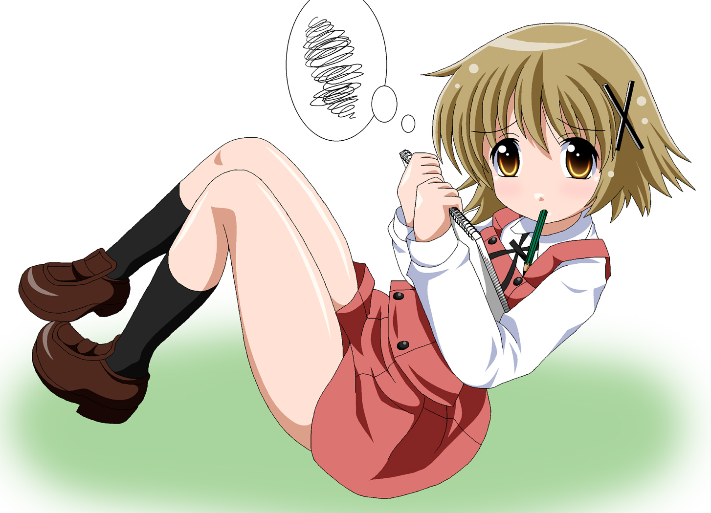 book, brown_eyes, brown_hair, fai, hidamari_sketch, kneehighs, school_uniform, short_hair