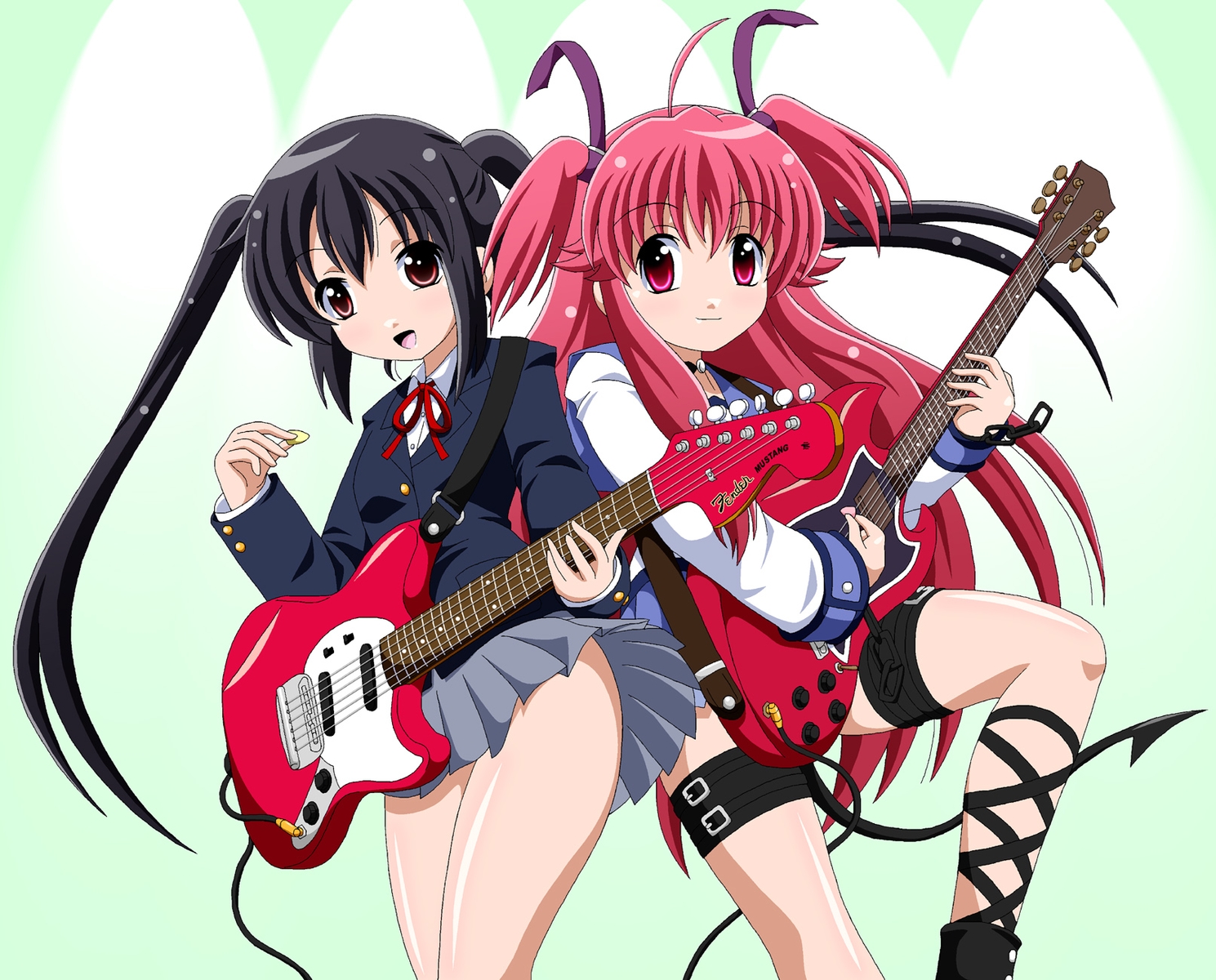 2girls, angel_beats!, black_hair, chain, crossover, fai, guitar, instrument