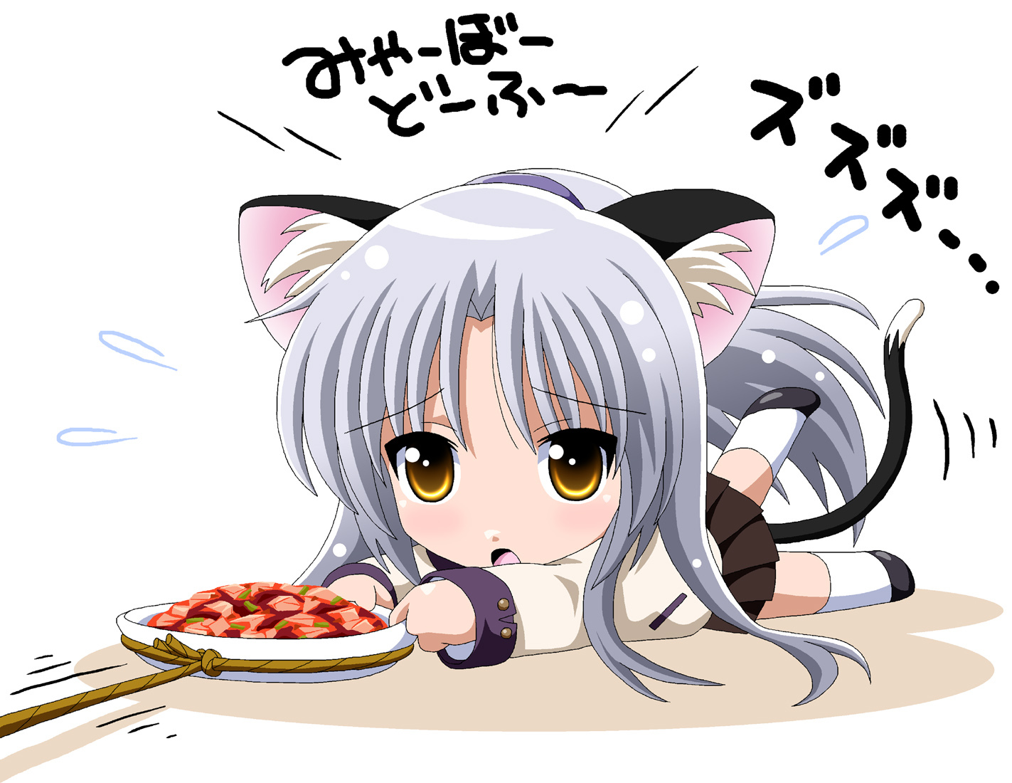 angel_beats!, animal_ears, catgirl, chibi, fai, food, gray_hair, jpeg_artifacts, long_hair, school_uniform, skirt, tachibana_kanade, yellow_eyes