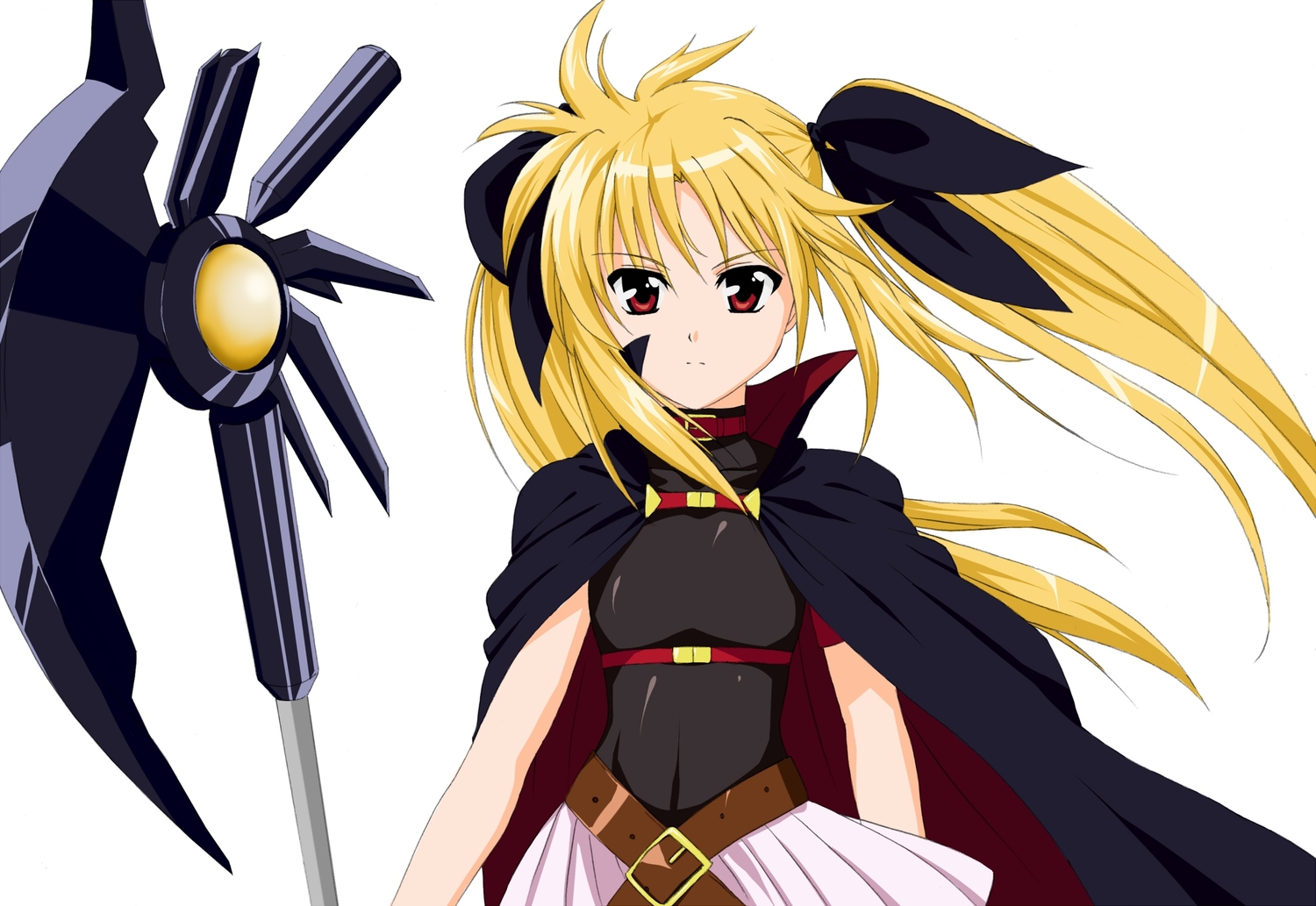 blonde_hair, cape, fate_testarossa, long_hair, mahou_shoujo_lyrical_nanoha, mahou_shoujo_lyrical_nanoha_the_movie_1st, nsxnewver, red_eyes, twintails, weapon