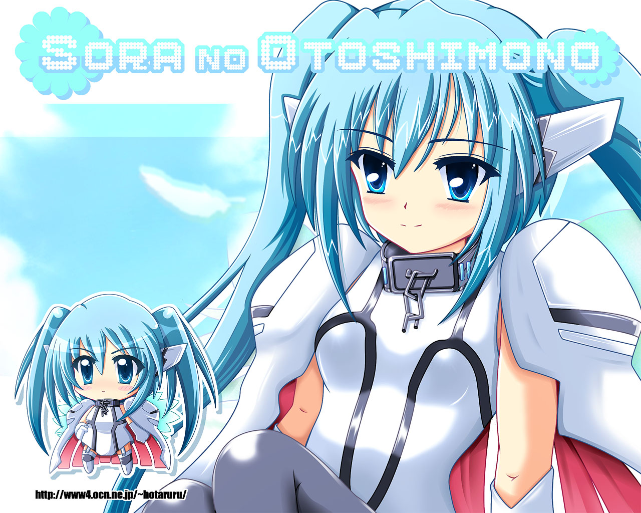 blue_eyes, blue_hair, chibi, collar, hotaruru, jpeg_artifacts, long_hair, nymph, sora_no_otoshimono, twintails, watermark, wings