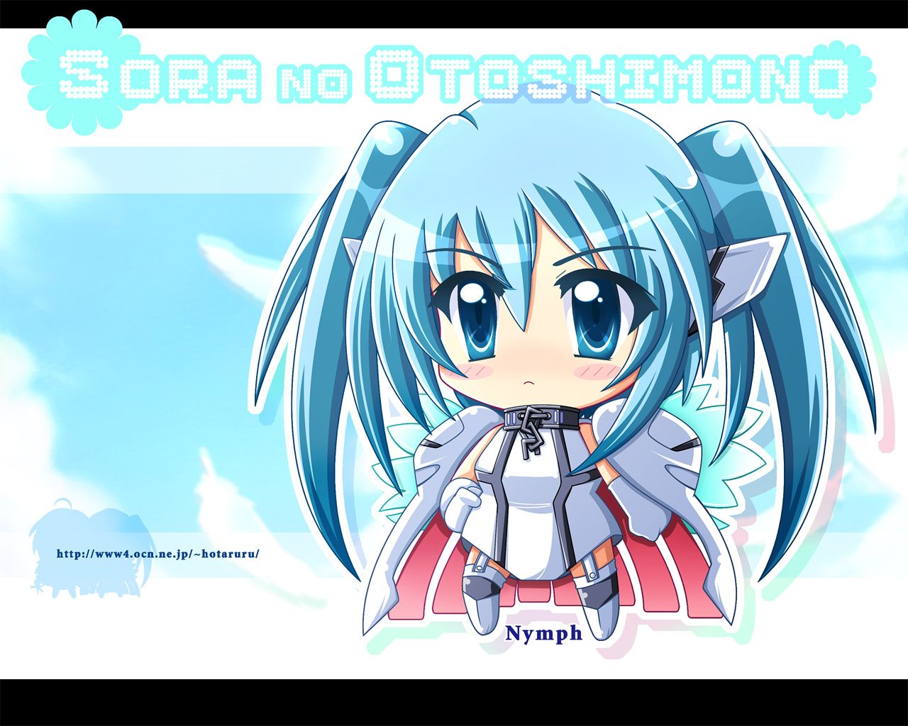 aliasing, blue_eyes, blue_hair, cape, chibi, collar, hotaruru, jpeg_artifacts