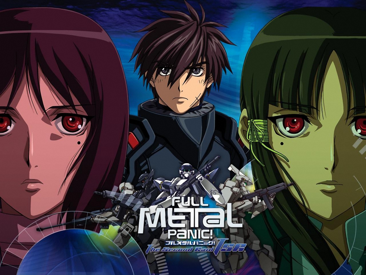 armor, black_eyes, brown_hair, full_metal_panic, green_hair, gun, jpeg_artifacts, male, mecha, red_eyes, red_hair, sagara_sousuke, short_hair, weapon, xia_yu_fan, xia_yu_lan