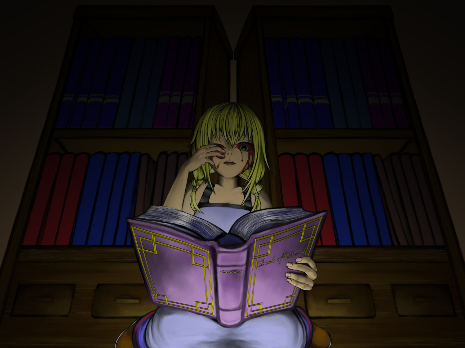 blonde_hair, blood, bluebird, book, dress, green_eyes, majo_no_ie, viola_(majo_no_ie)