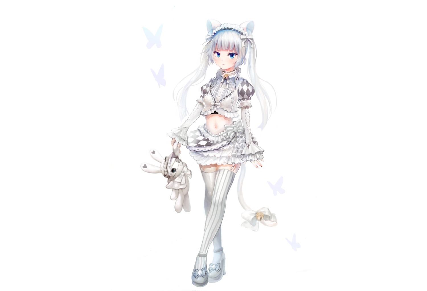 animal_ears, bell, blue_eyes, bunny, catgirl, choker, headdress, lolita_fashion, long_hair, miss_monochrome, miss_monochrome_(character), nanase_miri, navel, skirt, tail, teddy_bear, thighhighs, twintails, white, white_hair