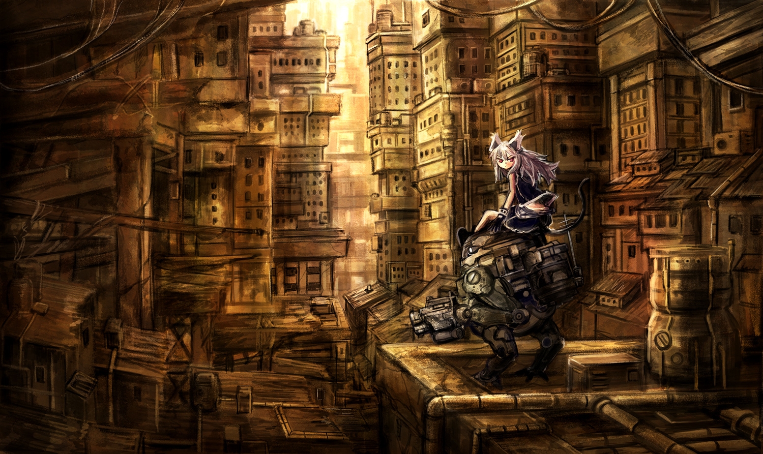 animal_ears, building, city, gloves, gray_hair, gun, long_hair, original, red_eyes, robot, sonidoriy, tail, weapon