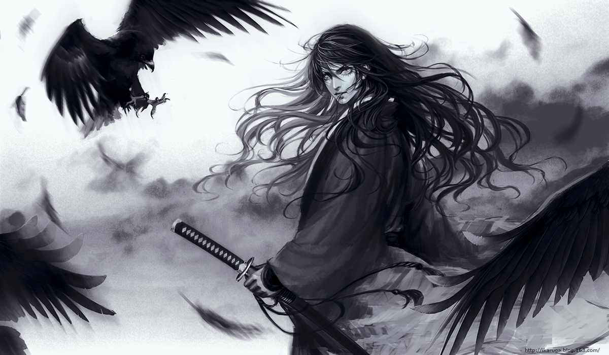 all_male, animal, bird, feathers, japanese_clothes, katana, long_hair, male, monochrome, original, sun_dou, sword, watermark, weapon