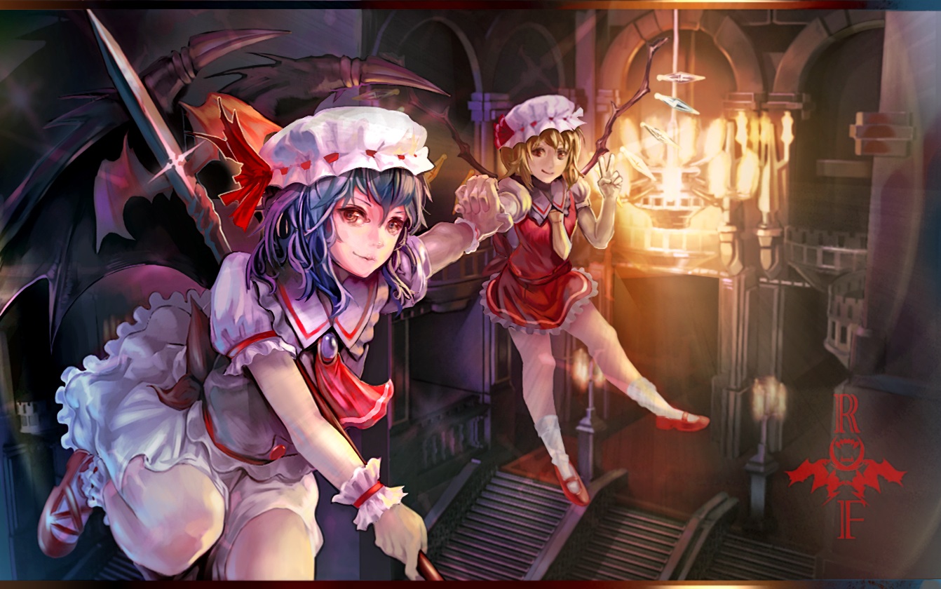 2girls, blonde_hair, blue_hair, flandre_scarlet, hat, ramudayajirusi, red_eyes, remilia_scarlet, short_hair, socks, spear, stairs, touhou, vampire, weapon, wings