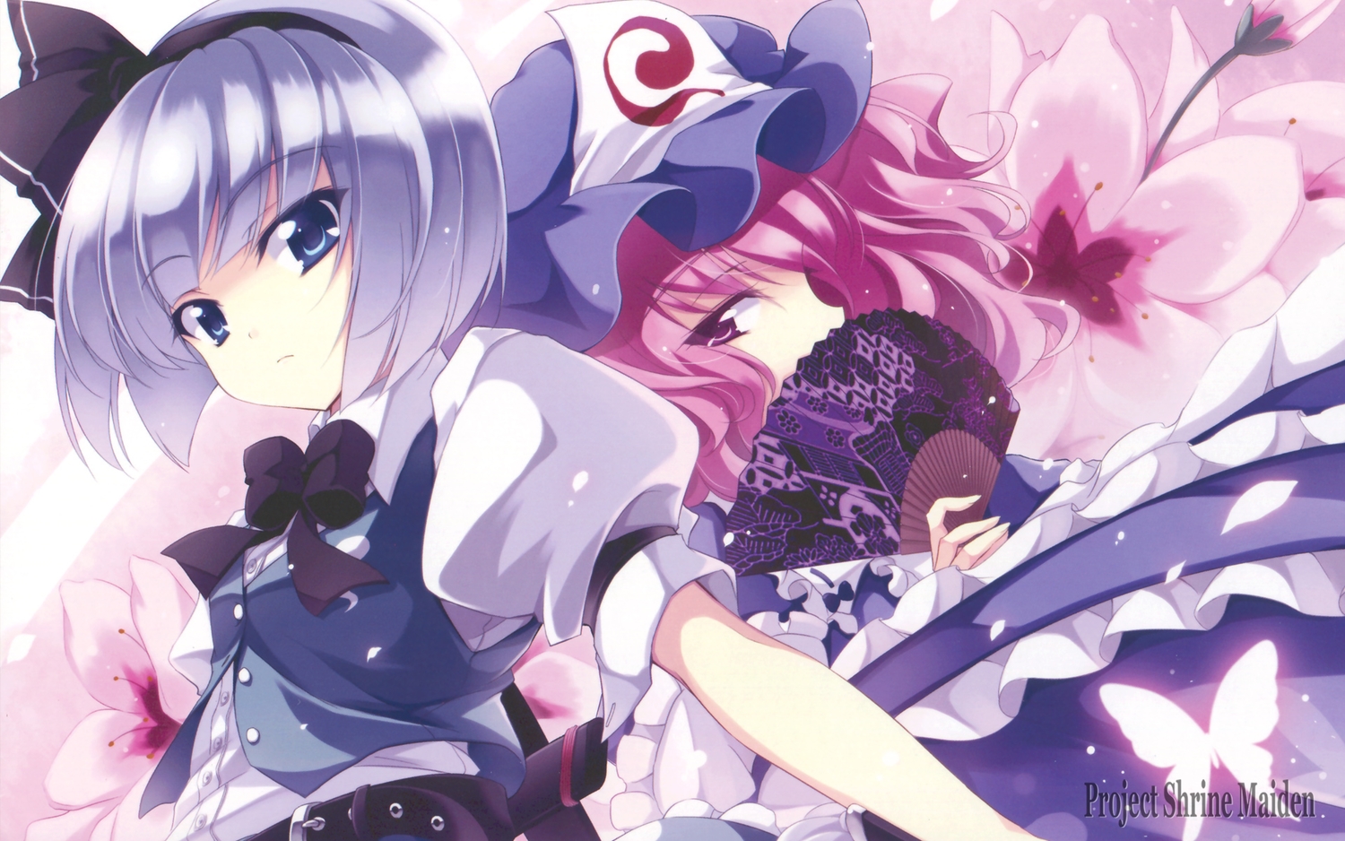 2girls, blue_eyes, bow, butterfly, fan, flowers, gray_hair, hat, headband, konpaku_youmu, petals, pink_hair, purple_eyes, saigyouji_yuyuko, short_hair, touhou, touya_(the-moon)