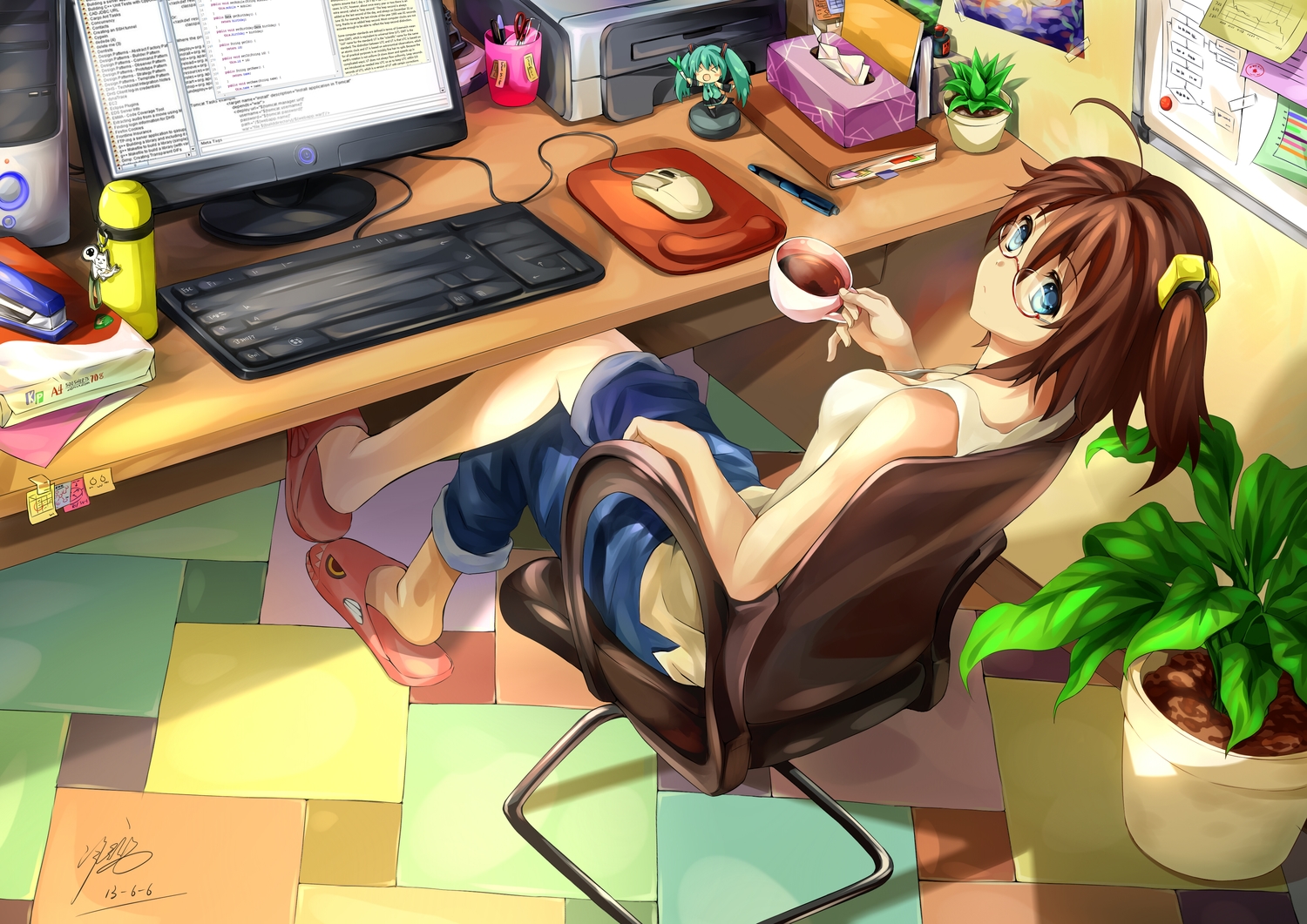 blue_eyes, brown_hair, chibi, computer, drink, glasses, hatsune_miku, paper, short_hair, signed, vocaloid, yomi_yasou