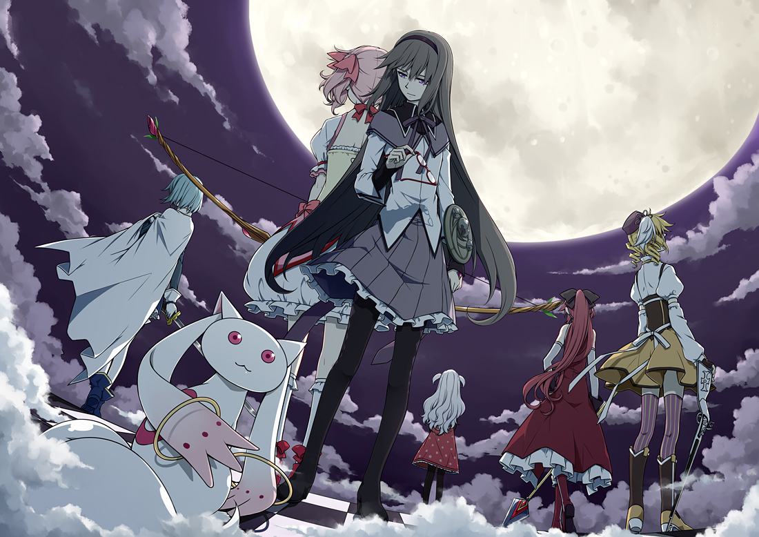 akemi_homura, black_hair, blonde_hair, blue_hair, boots, bow_(weapon), cape, clouds