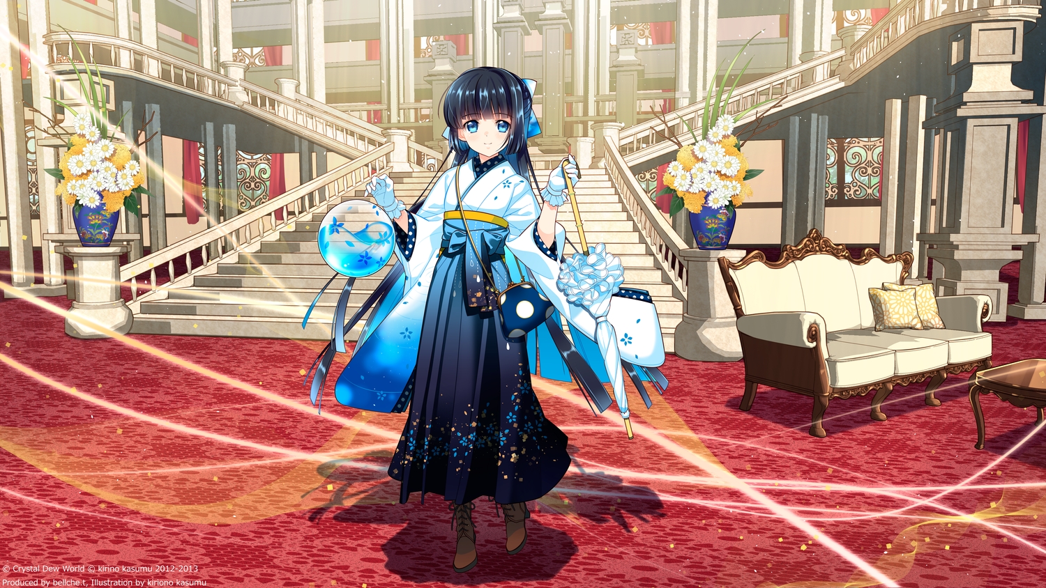 black_hair, blue_eyes, boots, crystal_dew_world, flowers, gloves, japanese_clothes, kirino_kasumu, long_hair, stairs, suishou_shizuku, umbrella, watermark