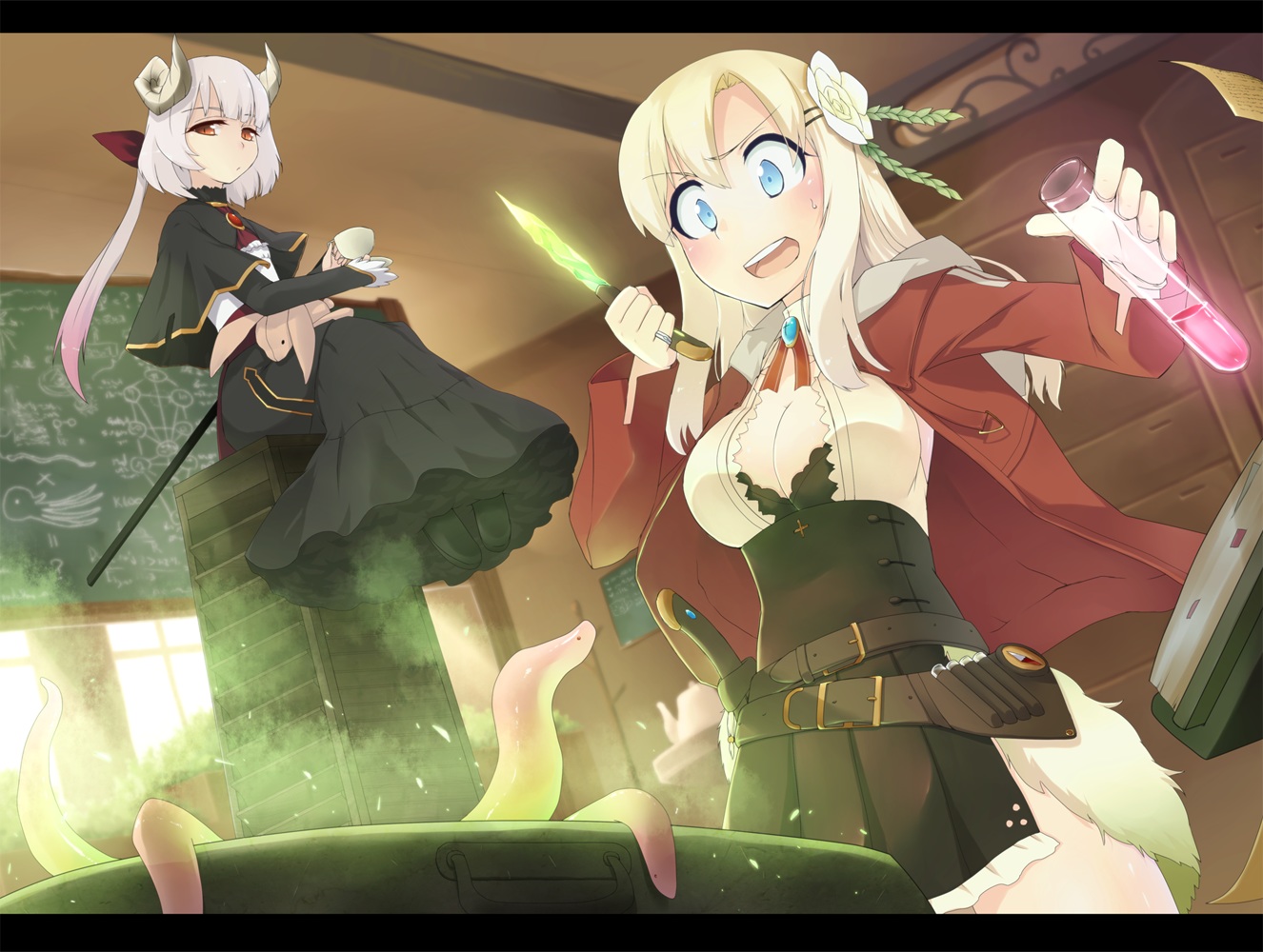 2girls, blonde_hair, blue_eyes, breasts, bunny, cleavage, dress, horns, knife, long_hair, magic, orange_eyes, original, oyaji_kusa, tentacles, weapon, white_hair